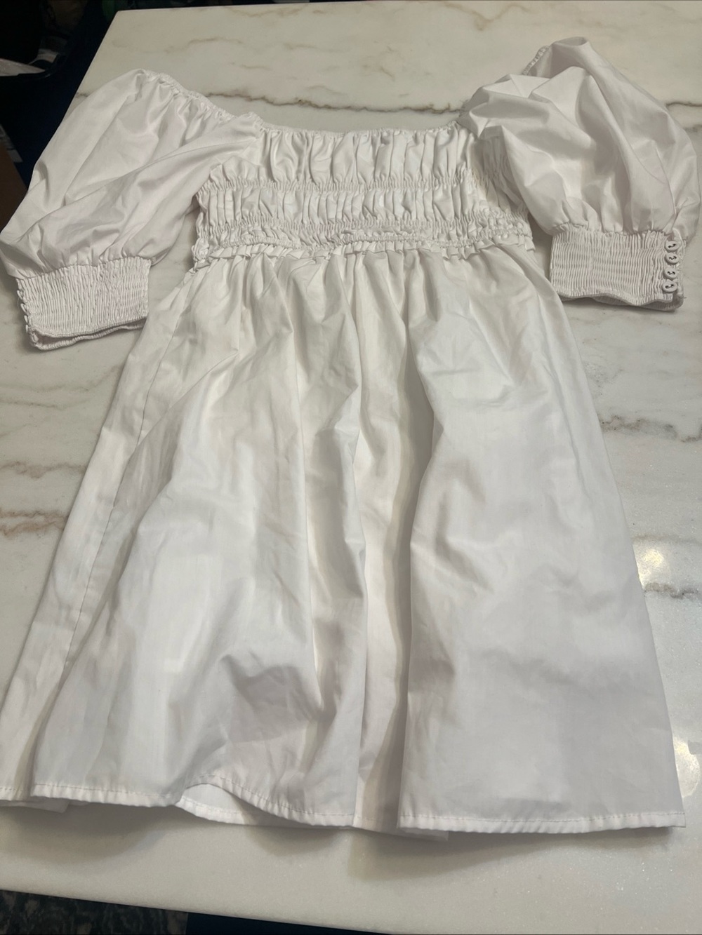 Emory Park Mini Dress Small White Puff Sleeves Smocked Milkmaid - Picture 5 of 9